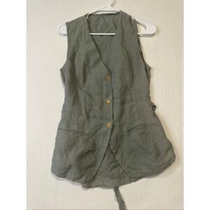 Made in France Linen Ramie Tie Back Vest Olive Green Button Front Size 0/X-Small